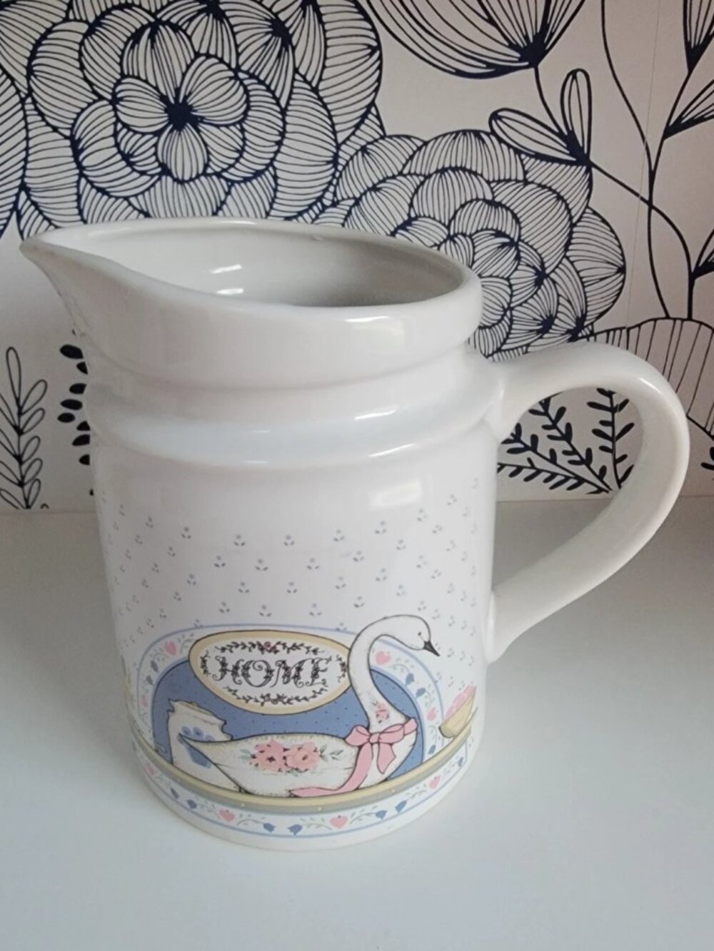 Classic 80s jug/pitcher pastel country goose ribbon folk art cottage core EUC